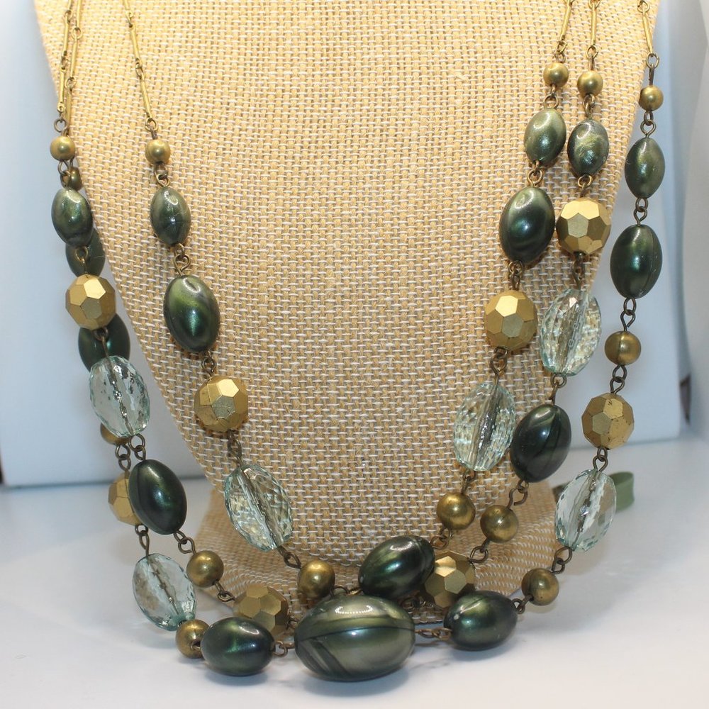 Triple Strand Necklace Green Tones with Antique Brass Vintage